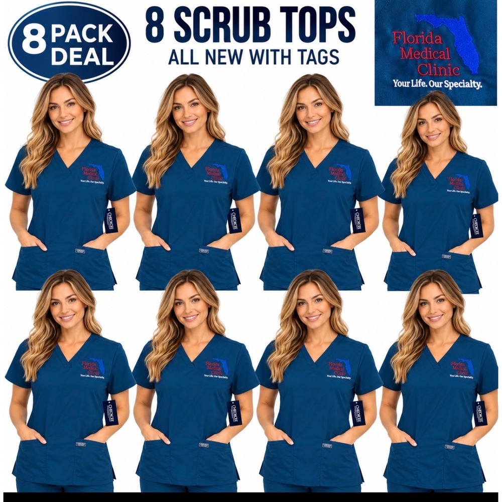 8 Pack Cherokee Workwear Revolution Scrub Tops Teal Florida Medical Clinic Med